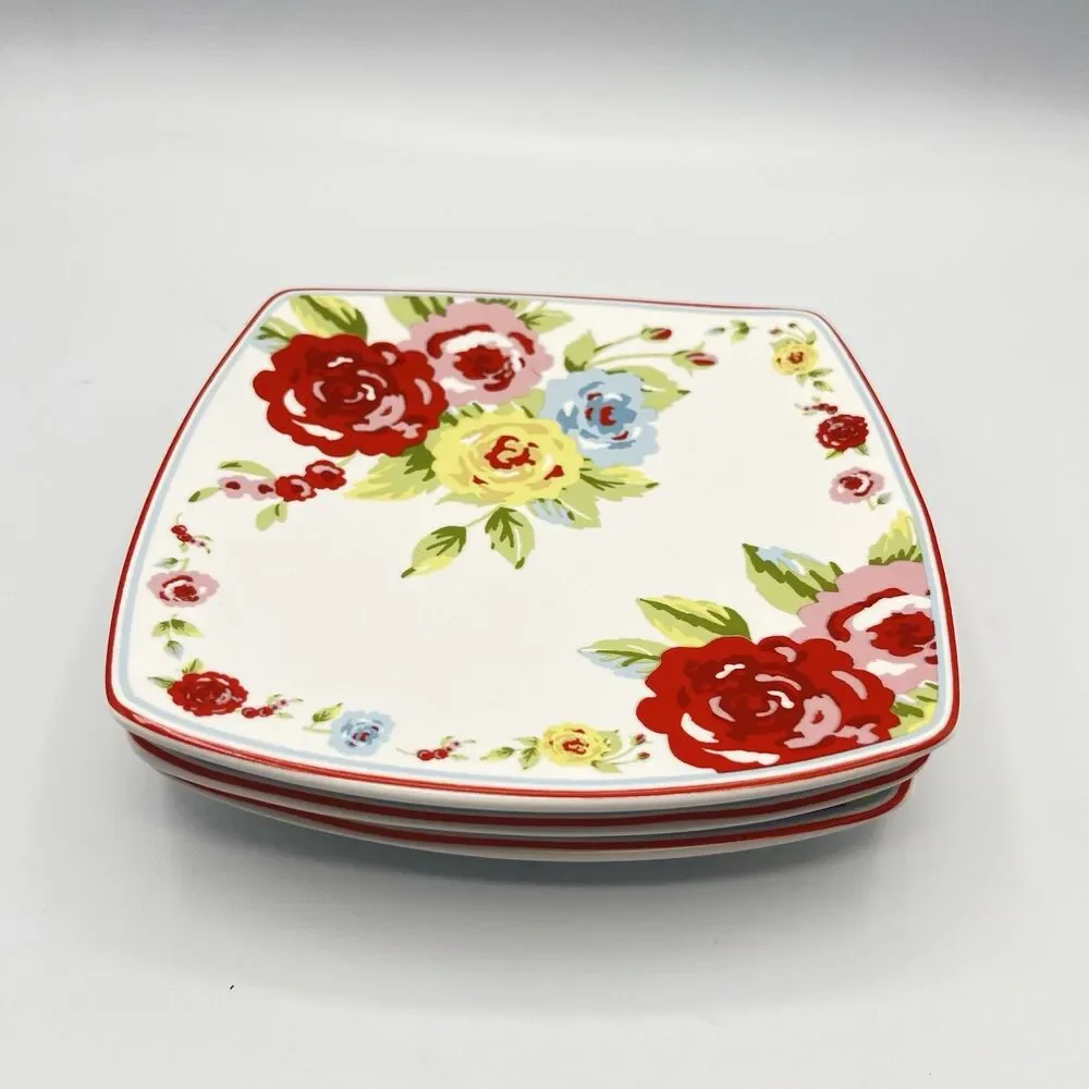 Shabby Chic Roses Small 6” Plates Square Appetizer Set of 3 Country Cottage